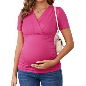 Maternity Nursing Tops Ruched Wrap V Neck Breastfeeding Blouse Hot Pink